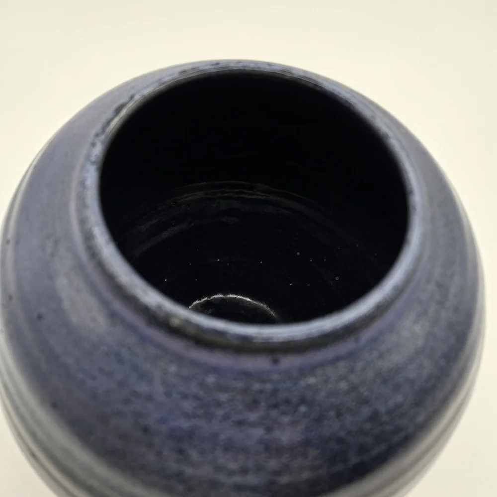 Blue Handmade Hand Thrown Ribbed Carved Rounded Pottery Vase Glazed Signed